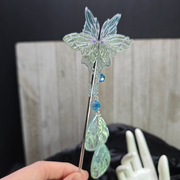 Handmade Delicate Elven Moonlit Butterfly Hair Stick w/ Wings and Crystals Gift - Picture 8 of 9